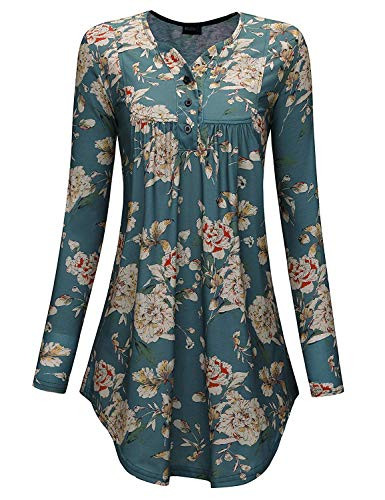 Acloth Womens Printed Long Sleeve V Neck Button Up Pleated Casual Henley Blouse Shirt Loose Tunic Tops Blue