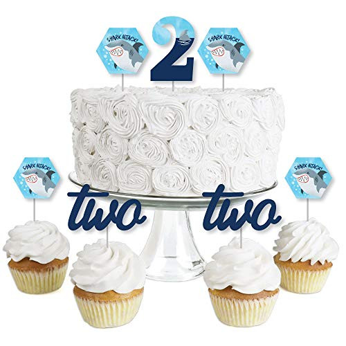 2nd Birthday Shark Zone - Dessert Cupcake Toppers - Jawsome Shark Second Birthday Party Clear Treat Picks - Set of 24