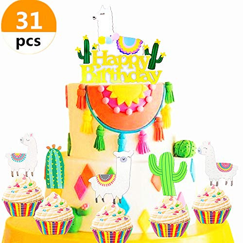 JeVenis 31 Pcs Birthday Llama and Cactus Cupcake Toppers Alpaca Cupcake Picks Llama Cactus Cake Topper for Mexican Fiesta Theme Party Baby Shower Birthday Party