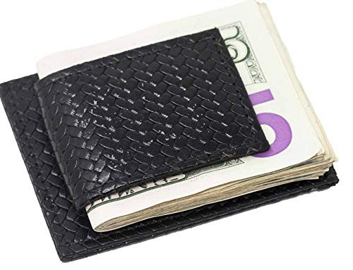 Genuine Cowhide Black Woven Print Leather Magnetic Dual Money Clip and Wallet