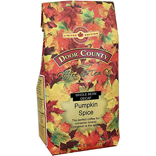 Door County Coffee Fall Seasonal Flavored Coffee Pumpkin Spice Decaf Cinnamon  Nutmeg Flavored Coffee Medium Roast Whole Bean Coffee 8 oz Bag