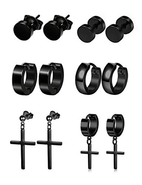 SOOWOOT 6 Pairs Stainless Steel Stud Earrings for Women Mens Black Stud Hoop Huggie Cross Earrings Punk Style Goth Earrings Set SOOWOOT 6 Pairs Stainless Steel Stud Earrings for Women Mens Black Stud Hoop Huggie Cross Earrings Punk Style Goth Earrings Set