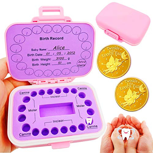 Baby Teeth Keepsake Box Tooth Fairy Box Tooth Storage Holder Lost Deciduous Tooth Collection Organizer with 2Pcs Tooth Fairy Golden Coin Save Children Teeth to Keep The Childhood Memory Pink
