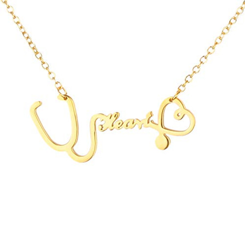 TATHIA Stainless Steel Heartbeat Electrocardiogram Necklace Nurse Doctor Medical Stethoscope Chain bijoux Coal Miner EKG Love You Pendant Necklace Heartbeat Golden