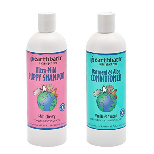 Earthbath UltraMild Puppy Shampoo and Oatmeal  Aloe Conditioner Grooming Bundle  Wild Cherry Tearless  Extra Gentle  Vanilla  Almond Detangles  Relieves Itching  16 fl oz Each