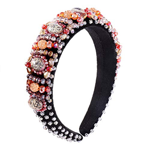 Crystal Padded Velvet Headbands for Women Colorful Resin Bead Embellished Hairband Elegant Wide Bejewelled Hair Hoop Fashion Hair Accessory for Wedding Bridal Party Holiday