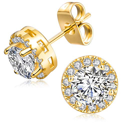 VOLUKA Earrings 18K Gold Plated Cubic Zirconia Round Cut Studs Fashion Jewelry for Women VOLUKA Earrings 18K Gold Plated Cubic Zirconia Round Cut Studs Fashion Jewelry for Women