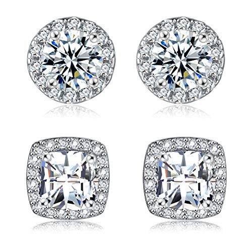 18K White Gold Plated Round Square Cubic Zirconia Simulated Diamond Halo Stud Earrings 2 Pairs 18K White Gold Plated Round Square Cubic Zirconia Simulated Diamond Halo Stud Earrings 2 Pairs