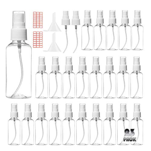 HATOKU 23 Pack 2oz60ml Mini Plastic Spray Bottles Small Empty Refillable Container Fine Mist Sprayers for Travel Essential Oils Perfumes with 2 extra sprayers 2 funnels 48pcs labels