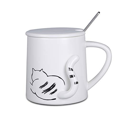 Teagas Cute Cat Coffee Mug with Lid and Spoon Ceramic 3D Funny Tea Mug for Cat Lover