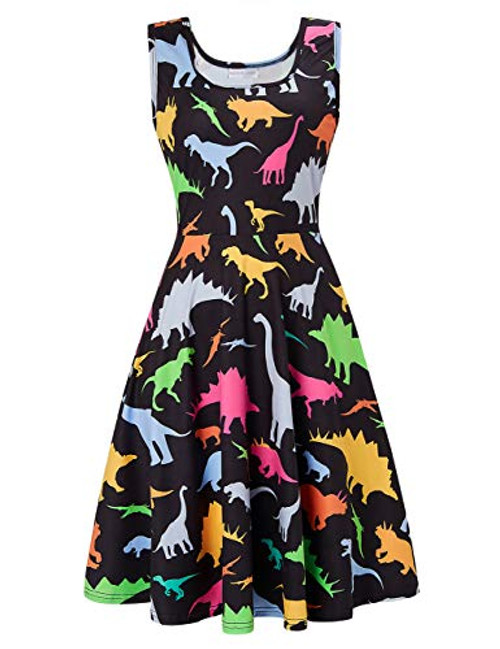 Fanient Womens Dinosaur Print Dress Summer Fun Dress Casual Sleeveless Midi Dress S
