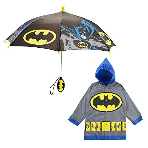 DC Comics Little Kids Umbrella and Lightweight Rain Slicker Set for Boys Ages 47 Grey Batman Age 67