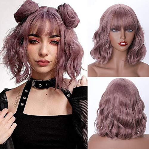 MISSQUEEN Light Purple Short Wavy Bob Wigs with Bangs for Women Synthetic Natural Looking Heat Resistant Fiber Hair for Women