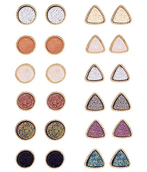XINBOO 12 Pairs Druzy Stud Earrings for Women Girls 12mm Round Triangle Resin Cluster Stud Earrings Set Stainless Steel Pierced Gold Black Multicolor 12 Pairs Druzy Studs