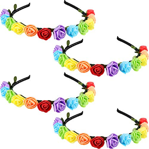 4 Pieces Rainbow Headband Flower Rainbow Rose Crown Rainbow Hair Wreath Floral Headband for Wedding Celebrations and Daily Wear