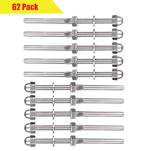 Hombtce 62 Pack Cable Railing Swage Threaded Stud Tension End Fitting Terminal for 18 Cable Deck Railing Hand Swage T316 Stainless Steel Marine Grade