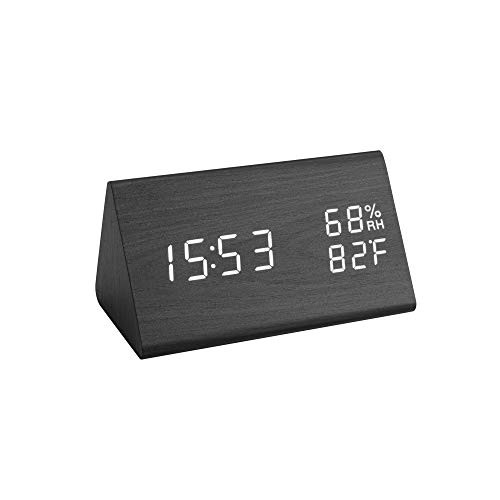 Cliusnra Led Alarm Clock Digital Alarm Clock with Wooden Electronic LED Time Display 3 Alarm Settings Humidity  Temperature Detect Wood Made Electric Clocks for Bedroom