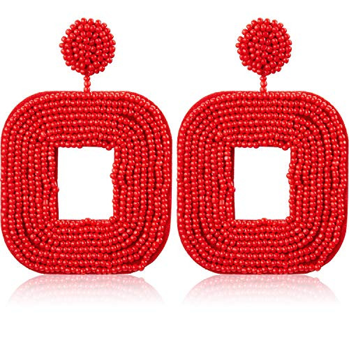 Beaded Statement Drop Earrings Square Hoop Dangle Earrings Big Bohemian Beaded Earrings for Women Girls Makeup Supplies Red