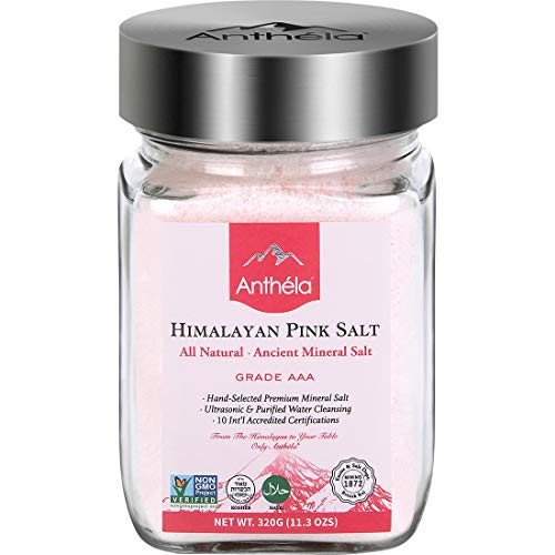 Anthela Himalayan Pink Salt Fine Grain Glass Jar 113oz Premium Organic Gourmet 100 Pure Ancient Mineral Sea Salt Natural and Amazing Flavor NonGMO Kosher Halal Sedex Certified Anthela Himalayan Pink Salt Fine Grain Glass Jar 113oz Premium Organic Gourmet 100 Pure Ancient Mineral Sea Salt Natural and Amazing Flavor NonGMO Kosher Halal Sedex Certified
