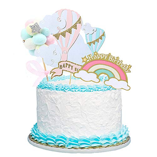 Colorful Rainbow Happy Birthday Cake Topper Hot Air Balloons Cake Topper Balloons Cupcake Topper Cloud Rainbow Cake Decorations for Birthday Baby Shower Wedding Party Supplies