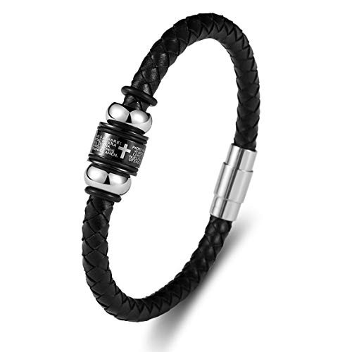 P BLAKE Black Braided Leather Cross Bracelet for Men Boys Lords Prayer Stainless Steel Bead Christian religious bangle
