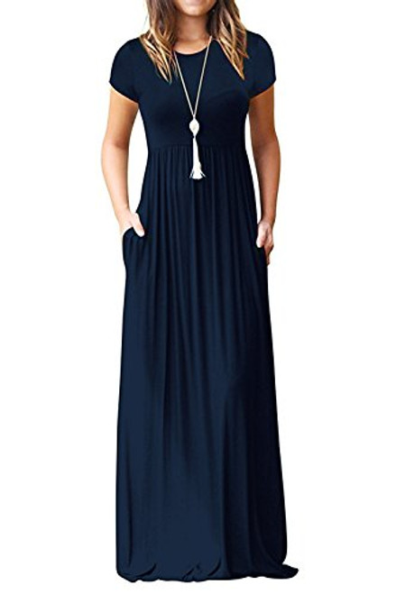 Euovmy Womens Short Sleeve Loose Plain Maxi Dresses Casual Long TShirt Dresses with Pockets Navy Blue Small