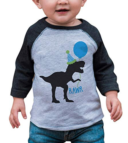 7 ate 9 Apparel Youth Dinosaur Birthday Grey Baseball Tee Small