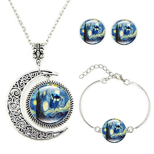 Moon Pendant Tardis Starry Night Necklace Van Gogh Jewelry Personalized Necklace Bracelet Earrings Jewelry Set Moon Pendant Tardis Starry Night Necklace Van Gogh Jewelry Personalized Necklace Bracelet Earrings Jewelry Set