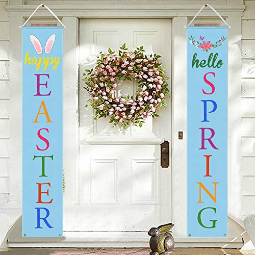Mosoan Easter Porch Sign  Easter Decorations Outdoor Indoor  Happy Easter  Hello Spring Banner Sign  Easter Home Wall Door Decor