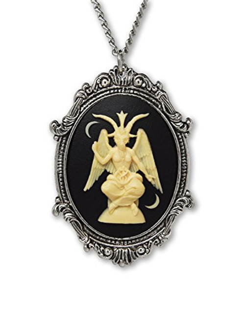 Real Metal Sitting Satanic Baphomet Cameo in Silver Finish Frame Necklace Pendant Ivory on Black Real Metal Sitting Satanic Baphomet Cameo in Silver Finish Frame Necklace Pendant Ivory on Black