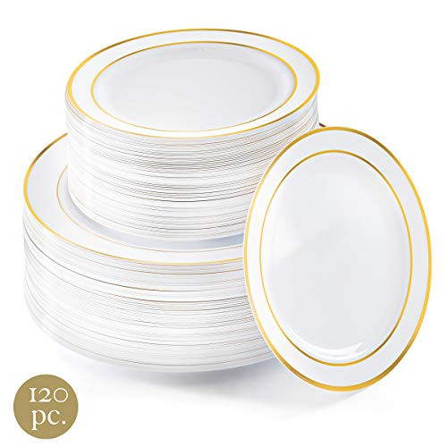 120 Premium Heavy Duty Gold Round Elegant Plastic Plates  60 Dinner Plates 1025 Inch and 60 Salad Dessert Plates 75 Inch  White Disposable  Reusable Wedding Party Plates with Gold Rim 120 Premium Heavy Duty Gold Round Elegant Plastic Plates  60 Dinner Plates 1025 Inch and 60 Salad Dessert Plates 75 Inch  White Disposable  Reusable Wedding Party Plates with Gold Rim