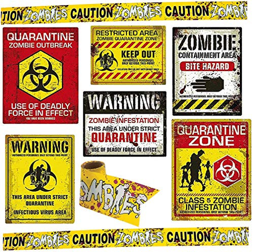 Halloween Zombie Party Decorations Set  6 Zombie Signs with Caution Tape 20 Feet  Haunted House Decor Quarantine Zone 4Es Novelty
