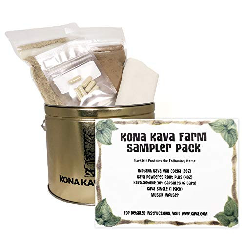 KONA KAVA Sampler Pack with Kava Root Powder Instant Kava Cocoa Kava Capsules and Muslin Extraction Bag  Kava Kava Sampler Pack for Natural Relaxation Sleep Support Stress and Anxiety Relief