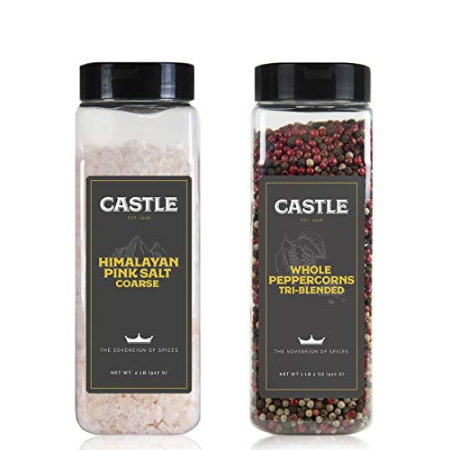 Castle Foods  HIMALAYAN PINK SALT COARSE 2 LBS AND WHOLE PEPPERCORN TRBLENDED Premium Restaurant Quality Kosher Certified 2 Pack
