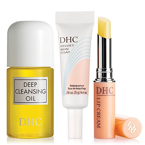 DHC Travel Essentials includes Deep Cleansing Oil Mini 1 fl oz Velvet Skin Coat Mini 18 oz and Lip Cream 05 oz