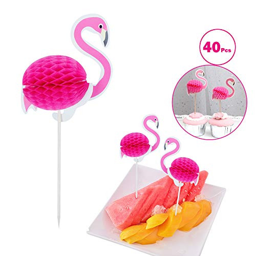 40 Pcs 3D Pink Flamingo Cupcakes Cocktail Picks Party Supplies for Luau Hawaii Birthday Wedding Beach Party