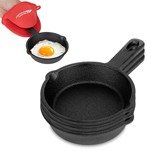 Modern Innovations Mini Cast Iron Skillet with Silicone Mitt 4 Count  35 Inch Mini Cast Iron Skillet  Pre Seasoned Small Cast Iron Skillet Set  Mini Cast Iron Skillets for Baked CookieBrownie