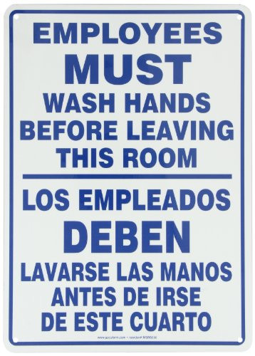 Accuform SBMRST578VA Aluminum Spanish Bilingual Sign Legend EMPLOYEES MUST WASH HANDS BEFORE LEAVING THIS ROOMLOS EMPLEADOS DEBEN LAVARSE LAS MANOS ANTES DE IRSE DE ESTE CUARTO 14 Length x 10 Width Blue on White