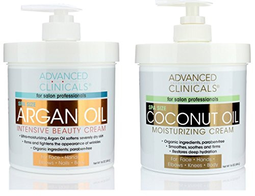 Advanced Clinicals Coconut Oil Cream and Argan Oil Cream Set Value skincare set contains bestselling Coconut Oil and Argan Oil Antiaging creams for face hands body Two spa size 16oz creams