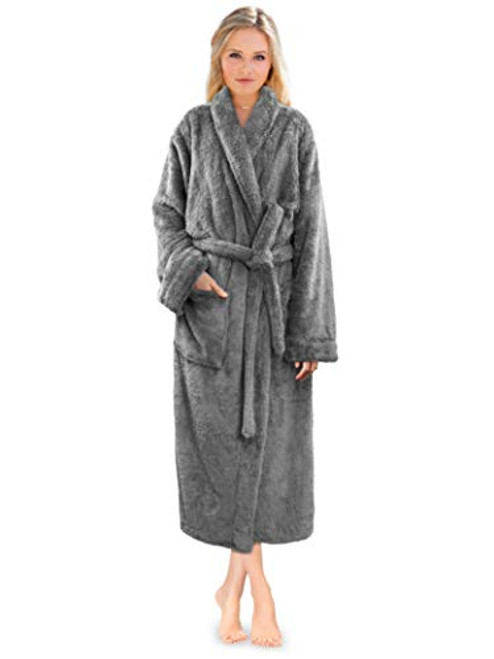 PAVILIA Premium Womens Plush Soft Robe Fluffy Warm Fleece Sherpa Shaggy Bathrobe SM Gray
