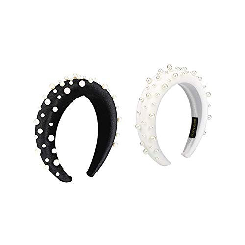 Velvet Wide Headbands Knot Turban Headband Vintage Hairband with Faux Pearl Elastic Hair Hoops Fashion Hair Accessories for Women and Girls2pcs Pearl BlackWhite