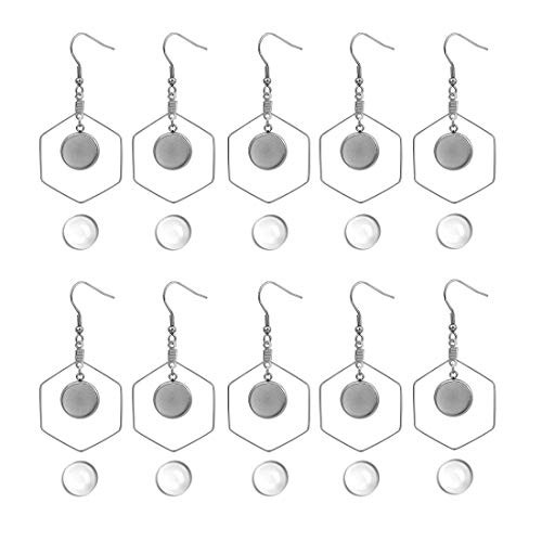 LANBEIDE 60Pieces 12mm Cabochon Earring Settings 30Pcs Hexagon Stainless Steel Earring Blanks with 30Pcs Clear Glass Cabochons DIY Earring Making Findings