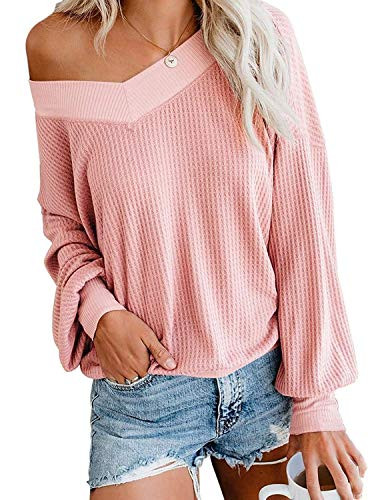 Dressmine Womens Long Sleeve Blouse Casual V Neck Off Shoulder Batwing Sleeve Plus Size Pullover Sweater Tops Pink Small