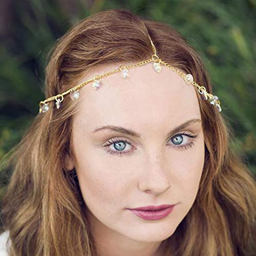 Fdesigner Gypsy Crystal Head Chain Bridal Chain Headdress Wedding Headpiece Pendant Hair Jewelry for Women and Girls Gold Fdesigner Gypsy Crystal Head Chain Bridal Chain Headdress Wedding Headpiece Pendant Hair Jewelry for Women and Girls Gold