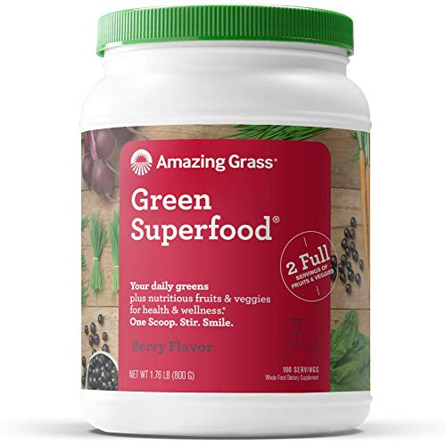Amazing Grass Green Superfood Super Greens Powder with Spirulina Chlorella Digestive Enzymes  Probiotics Berry 100 Servings