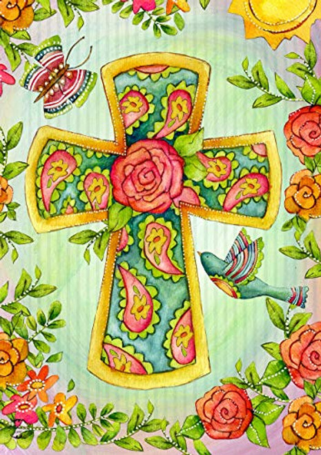 Briarwood Lane Joyful Cross Spring House Flag Religious Floral Birds 28 x 40