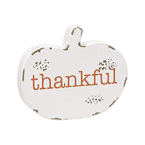 Thankful White Wood Pumpkin Shelf Sitter