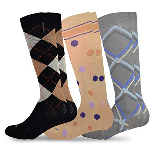 TeeHee Microfiber Compression Knee High Socks with Rib 3Pack Large 1013 Pattern