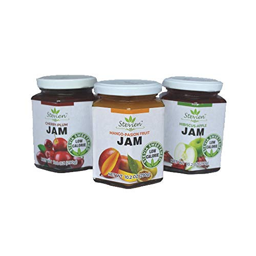 Stevien Jam No Added Sugar  3 Jars  Keto and Diabetic Friendly Vegan Gluten Free Made with Real Fruit  Sweet Mango Passion Fruit  Cherry Plum  and Hibiscus Apple Sweetened with Organic Stevia