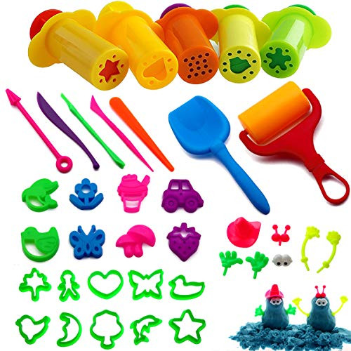 BESTZY Clay Dough Tools Kit Set of 37 Smart Dough Tools Kit Extruders Modelling Tools Roller Mold Kit Shovel Cutters Kit, Random Colors